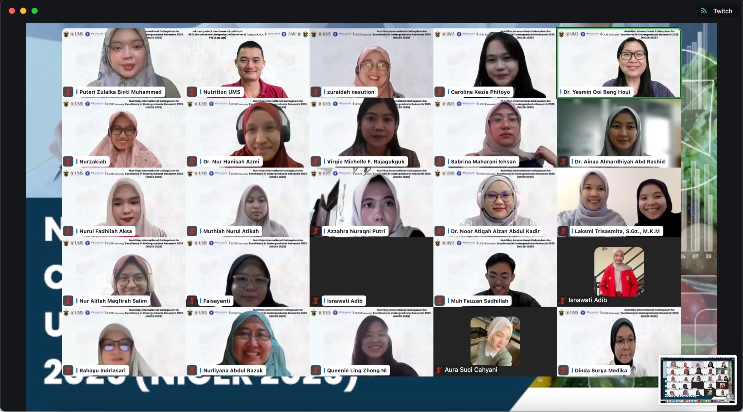 Para peserta dan pemateri dari Indonesia dan Malaysia berpose virtual dalam acara NICER 2025, sebuah forum ilmiah internasional yang mempertemukan mahasiswa, dosen, dan peneliti muda bidang gizi dari empat universitas: Universitas Hasanuddin, IPB University, UCSI University, dan Universiti Malaysia Sabah. Kredit: FKM Unhas