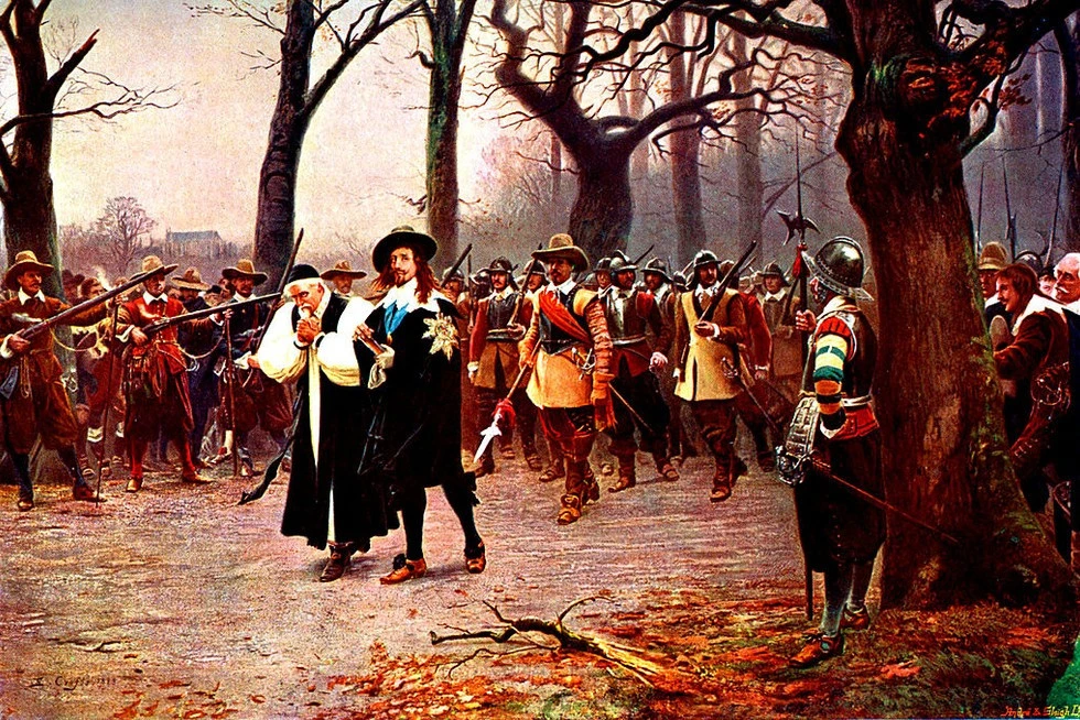 King Charles I is led to his execution in 1649, a powerful scene symbolizing royal martyrdom and political scapegoating. Credit: BBC Historia.