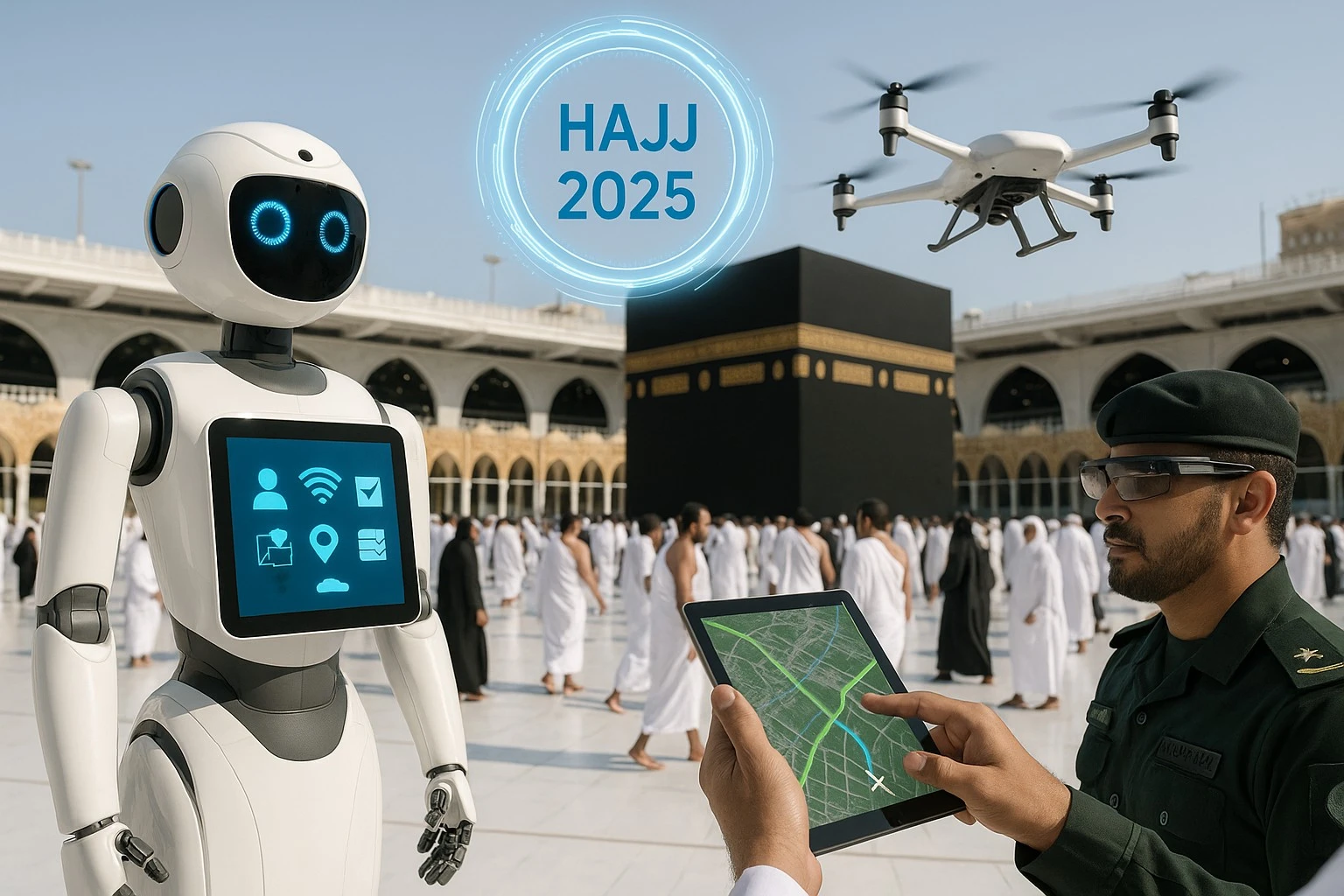 Haji 2025: Kolaborasi teknologi dan kecerdasan buatan demi kenyamanan dan keamanan jamaah. Credit: Chat GPT.