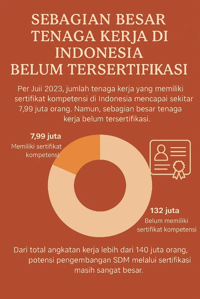 Data terbaru dari BPS per Juli 2023 menunjukkan tantangan besar sekaligus peluang bagi SDM Indonesia. Dari total angkatan kerja yang mencapai lebih dari 140 juta orang, hanya 7,99 juta yang telah memiliki sertifikat kompetensi.