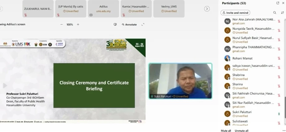 Prof. Sukri Palutturi, Dekan FKM Universitas Hasanuddin sekaligus Co-Chairperson 3rd IB OHSeM, memimpin sesi Closing Ceremony Online Learning.