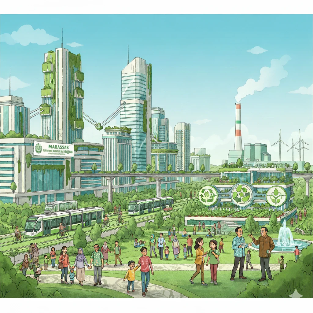 Ilustrasi ini menggambarkan visi Kota Makassar yang ramah lingkungan di masa depan, selaras dengan pandangan dari Pusat Studi Lingkungan Hidup (PSLH) Unhas dan Prof. Dr. Anwar Daud. Kota ini bukan hanya tentang gedung pencakar langit, tetapi juga tentang keberlanjutan dan kualitas hidup warganya.