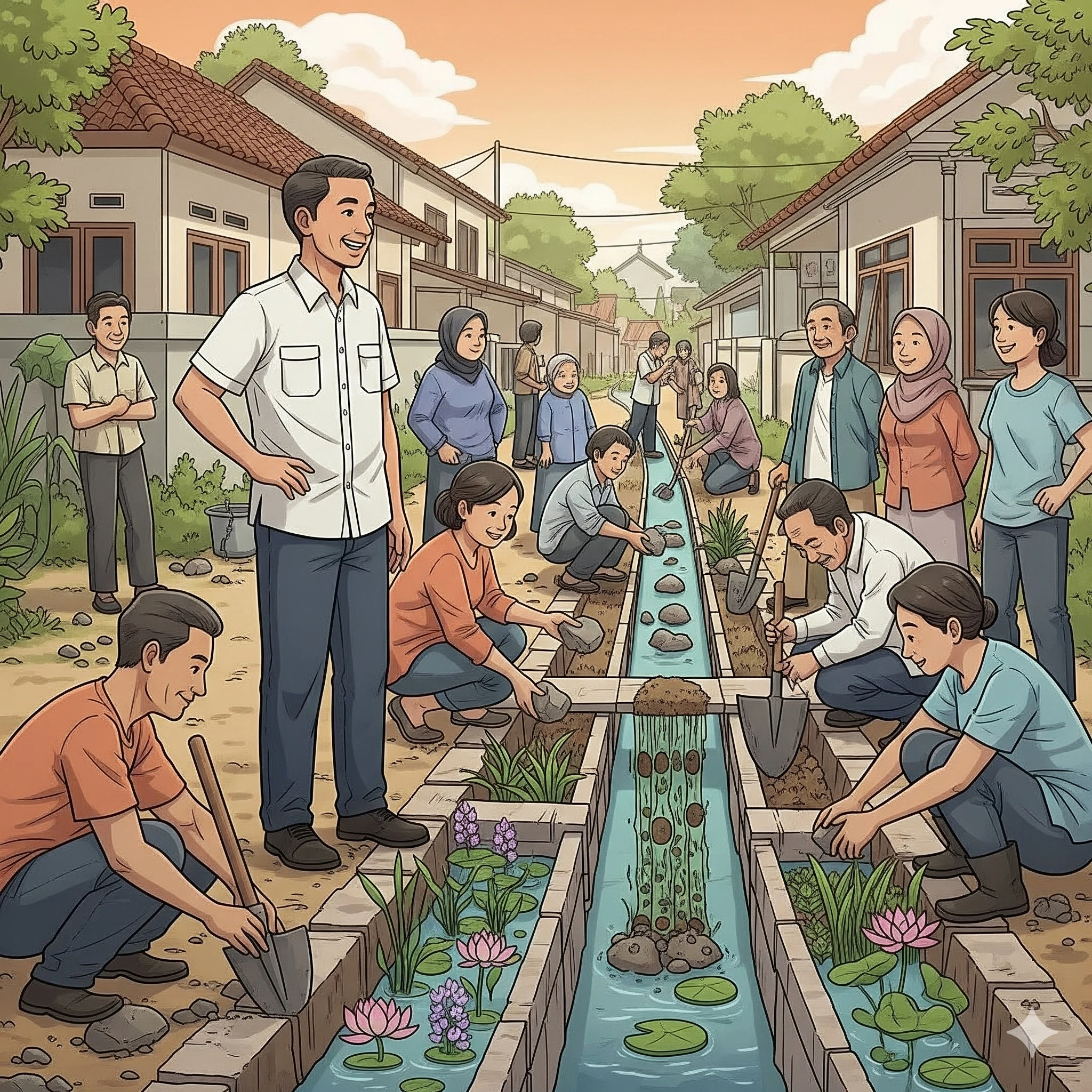 Ilustrasi demokratisasi Pancasila dalam pembangunan saluran air yang ekologis.