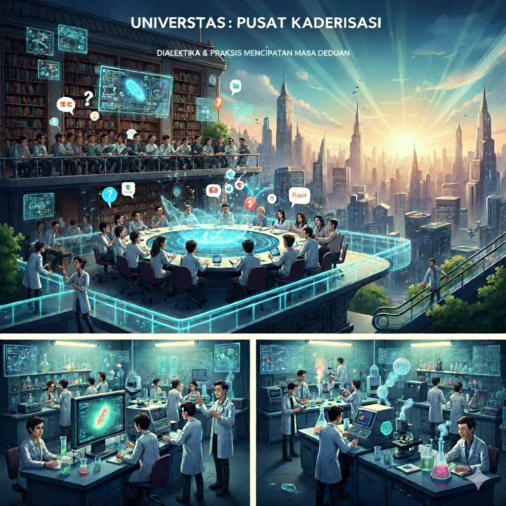 Ilustrasi universitas adalah pusat pengaderan ilmuwan dan cendekiawan tercerahkan. Melalui dialektika di ruang kuliah dan praksis di laboratorium, mahasiswa ditempa menjadi agen inovasi yang siap menciptakan masa depan bangsa.