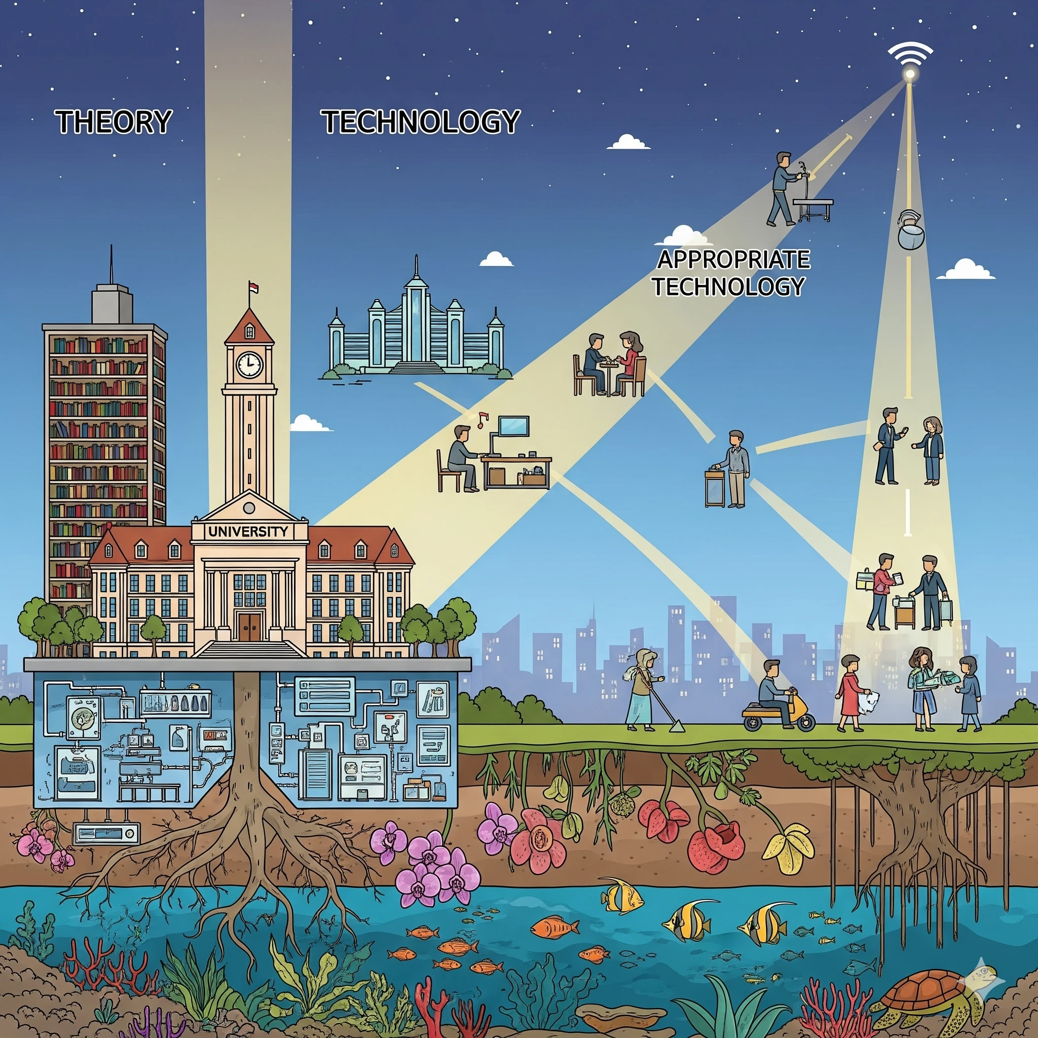 Ilustrasi yang menggambarkan peran universitas sebagai jantung peradaban manusia.