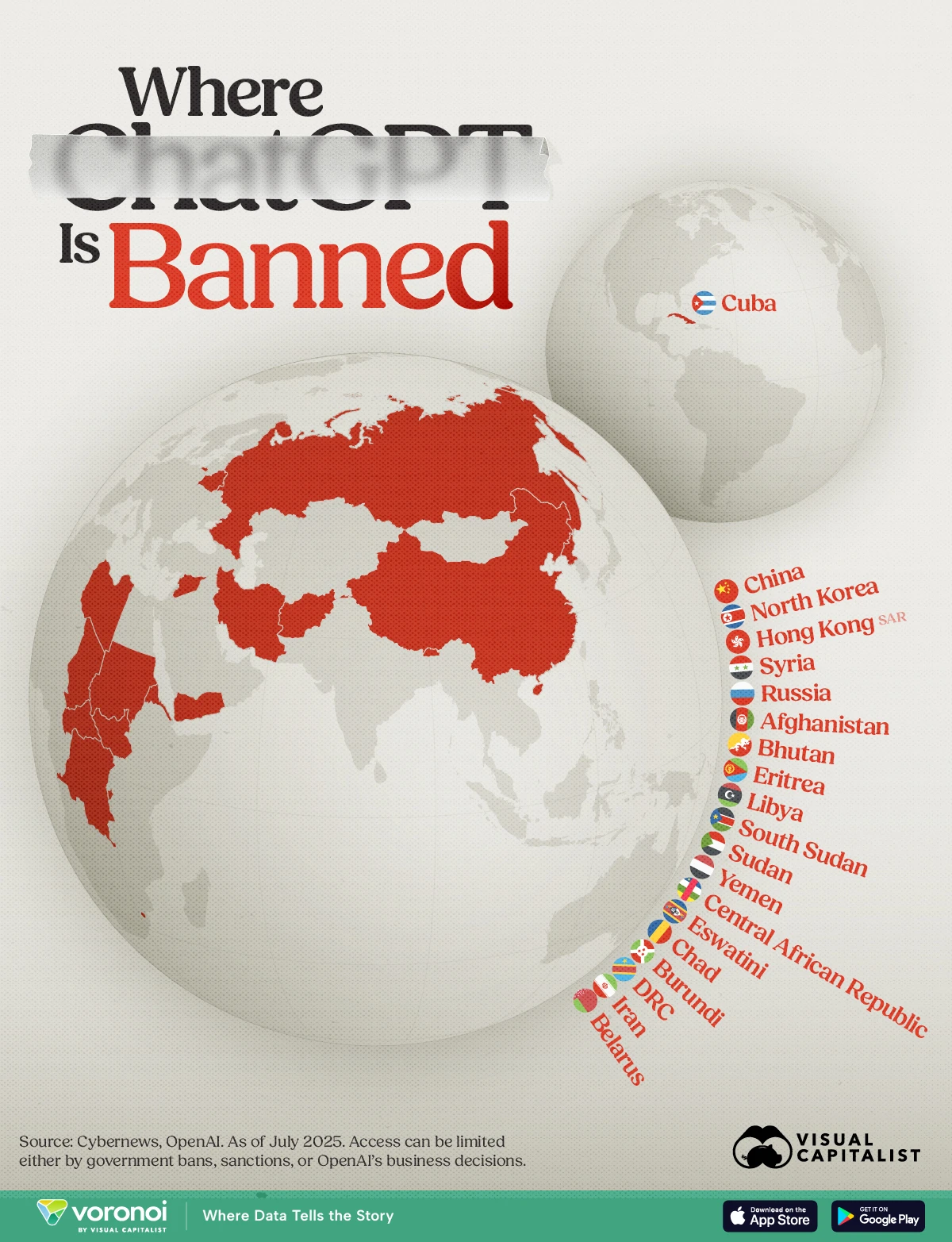 Peta ini menunjukkan negara-negara yang melarang atau tidak didukung oleh platform ChatGPT. Akses ChatGPT dilarang di lebih dari 20 negara, seperti Tiongkok, Korea Utara, dan Iran. Larangan ini didasarkan pada keputusan pemerintah terkait regulasi, sensor informasi, dan keamanan nasional, atau karena kebijakan bisnis OpenAI yang tidak mendukung wilayah tertentu seperti Hong Kong dan Belarus. Situasi ini menyoroti perpecahan global dalam penerimaan teknologi AI dan menciptakan kesenjangan digital yang signifikan. Kredit: Visaul Capitalist.