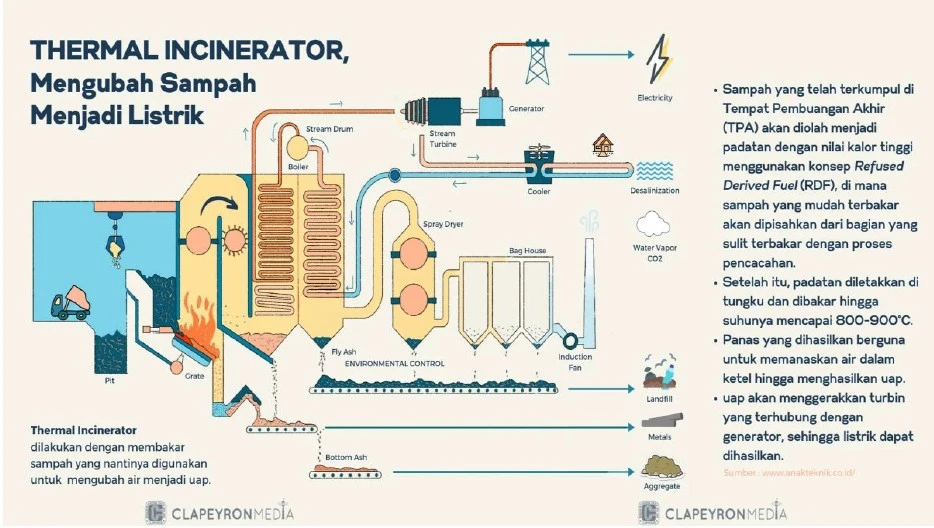 Ilustrasi proses thermal incinerator atau insinerasi termal yang digunakan dalam Pembangkit Listrik Tenaga Sampah (PLTSa). Teknologi ini bekerja dengan cara membakar sampah pada suhu tinggi (800–900°C) untuk menghasilkan uap yang kemudian diubah menjadi listrik melalui turbin dan generator.