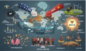 Ilustrasi pergeseran peta ekonomi global tahun 2025, ketika kekuatan finansial dunia berubah arah dan membuka babak baru bagi ekonomi politik internasional menjelang 2026.