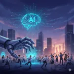 Ilustrasi kecemasan kelas profesional di era kecerdasan buatan: bayangan tangan robot raksasa dan simbol AI mendominasi lanskap kota modern, sementara para pekerja intelektual—dari kerah putih hingga profesional digital—tampak gamang menghadapi perubahan radikal dunia kerja akibat otomasi dan algoritma.