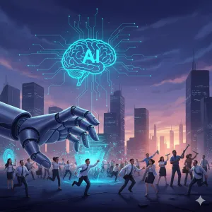 Ilustrasi kecemasan kelas profesional di era kecerdasan buatan: bayangan tangan robot raksasa dan simbol AI mendominasi lanskap kota modern, sementara para pekerja intelektual—dari kerah putih hingga profesional digital—tampak gamang menghadapi perubahan radikal dunia kerja akibat otomasi dan algoritma.