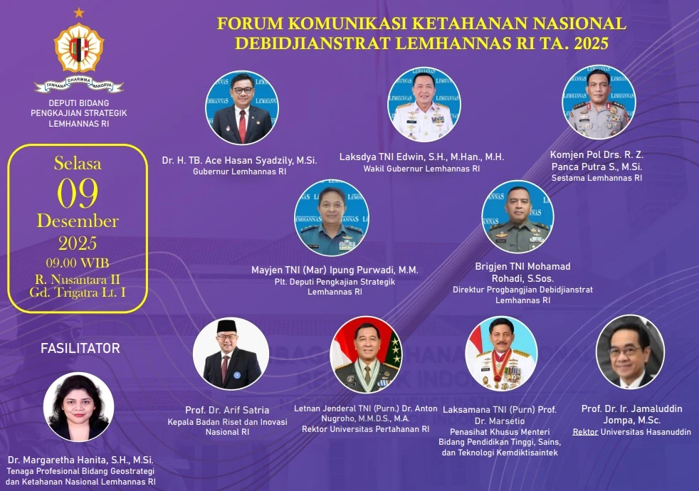 Rektor Universitas Hasanuddin, Prof. Dr. Ir. Jamaluddin Jompa, M.Sc., hadir sebagai narasumber dalam Forum Komunikasi Ketahanan Nasional (FKKN) Debidjianstrat Lemhannas RI 2025 — mewakili suara perguruan tinggi Indonesia dalam memperkuat kolaborasi ilmu pengetahuan dan ketahanan nasional.