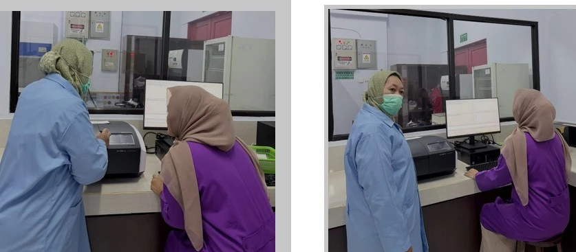 Instalasi dan uji fungsi alat UV-Vis Double Beam Spectrophotometer UV-1900i di LKB FKM Unhas pada tanggal 9 Desember 2025.