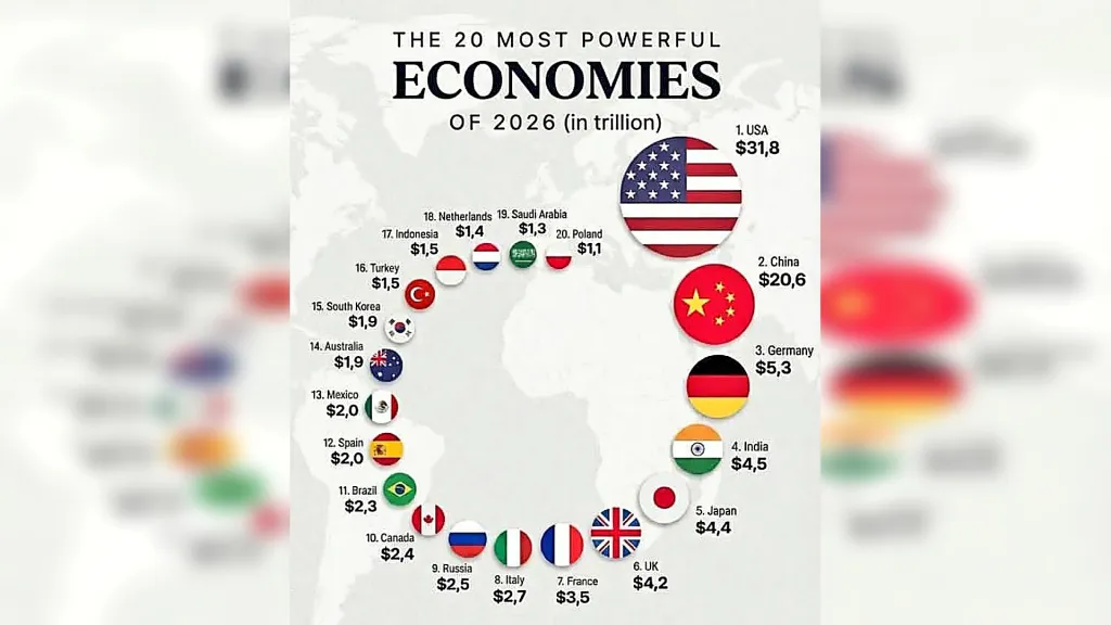 Indonesia menempati peringkat ke-17 ekonomi terbesar dunia pada 2026, dengan proyeksi produk domestik bruto sekitar US$1,5 triliun, berada di tengah jajaran 20 negara dengan kekuatan ekonomi terbesar global. Infografik ini menunjukkan dominasi Amerika Serikat di peringkat pertama, disusul Tiongkok dan Jerman, sekaligus menegaskan posisi Indonesia sebagai salah satu kekuatan ekonomi utama di kawasan Asia dan dunia.