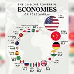 Indonesia menempati peringkat ke-17 ekonomi terbesar dunia pada 2026, dengan proyeksi produk domestik bruto sekitar US$1,5 triliun, berada di tengah jajaran 20 negara dengan kekuatan ekonomi terbesar global. Infografik ini menunjukkan dominasi Amerika Serikat di peringkat pertama, disusul Tiongkok dan Jerman, sekaligus menegaskan posisi Indonesia sebagai salah satu kekuatan ekonomi utama di kawasan Asia dan dunia.