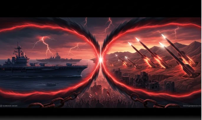 Ilustrasi tersebut menangkap ketegangan geopolitik yang memuncak antara Iran dan Amerika Serikat pada awal tahun 2026.